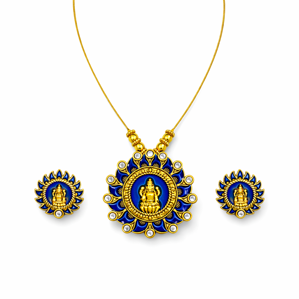 Blue Enamel Gold Finish Lakshmi Pendant Necklace Set with Matching Stud Earrings