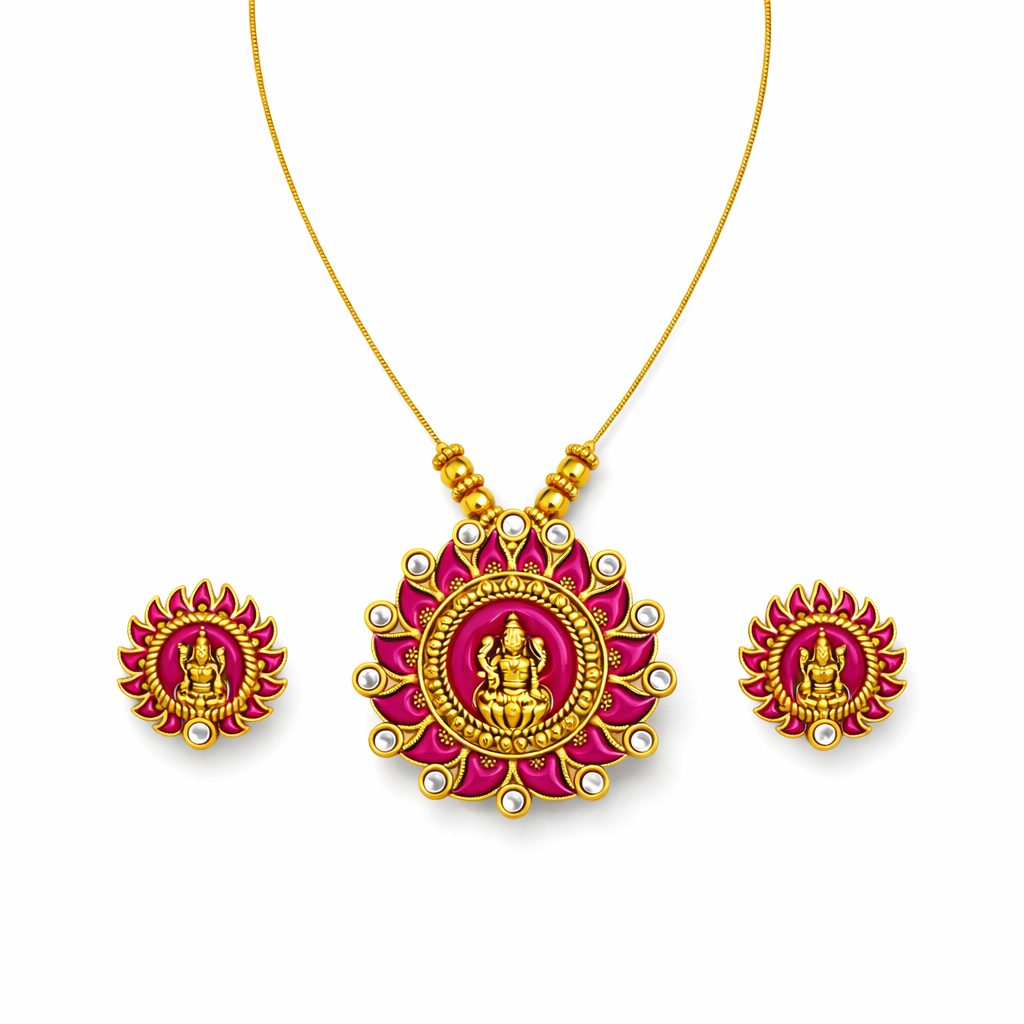 Pink Enamel Gold Finish Lakshmi Pendant Necklace Set with Matching Stud Earrings