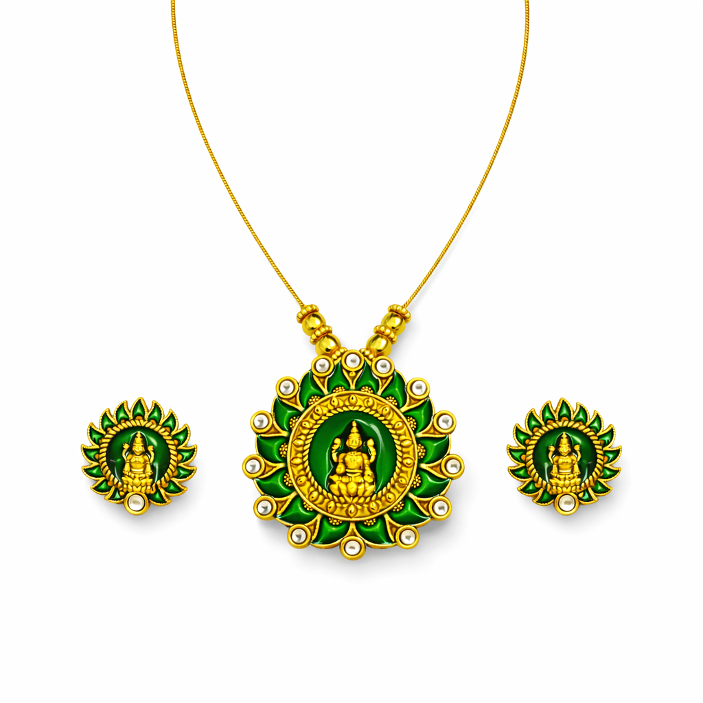 Green Enamel Gold Finish Lakshmi Pendant Necklace Set with Matching Stud Earrings