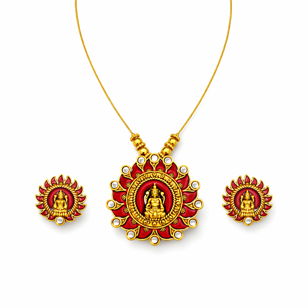 Maroon Enamel Gold Finish Lakshmi Pendant Necklace Set with Matching Stud Earrings