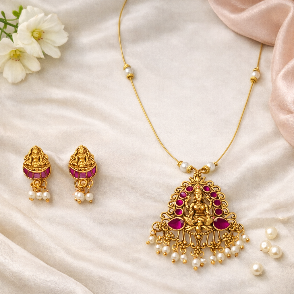 Invisible Gold Finish Temple Necklace Set with Pink Enamel Goddess Lakshmi Pendant & Pearl Drops