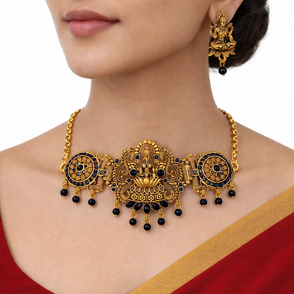 Black Stone & Diamond Gold Finish Lakshmi Temple Choker Necklace Set with Matching Earrings