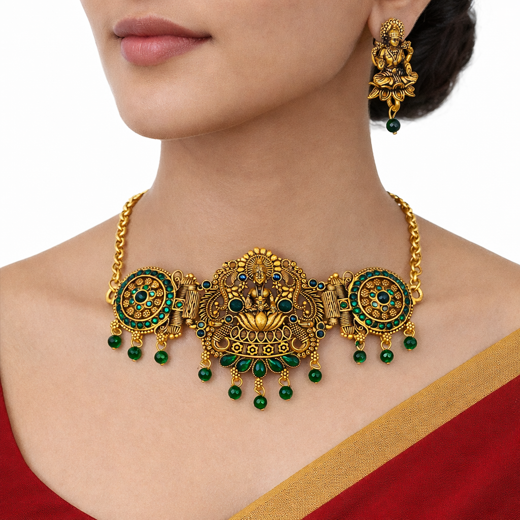 Green Stone & Diamonds Gold Finish Lakshmi Temple Choker Necklace Set with Matching Earrings
