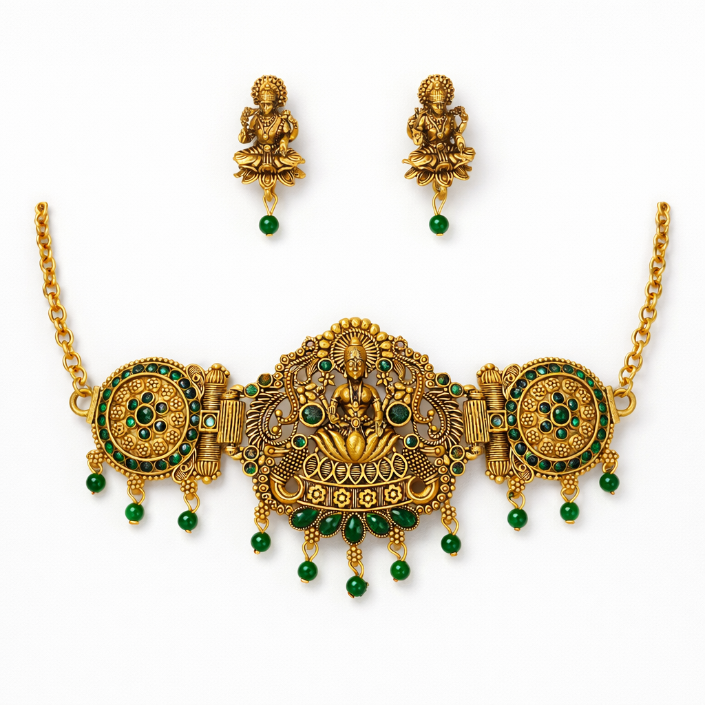 Green Stone & Diamonds Gold Finish Lakshmi Temple Choker Necklace Set with Matching Earrings