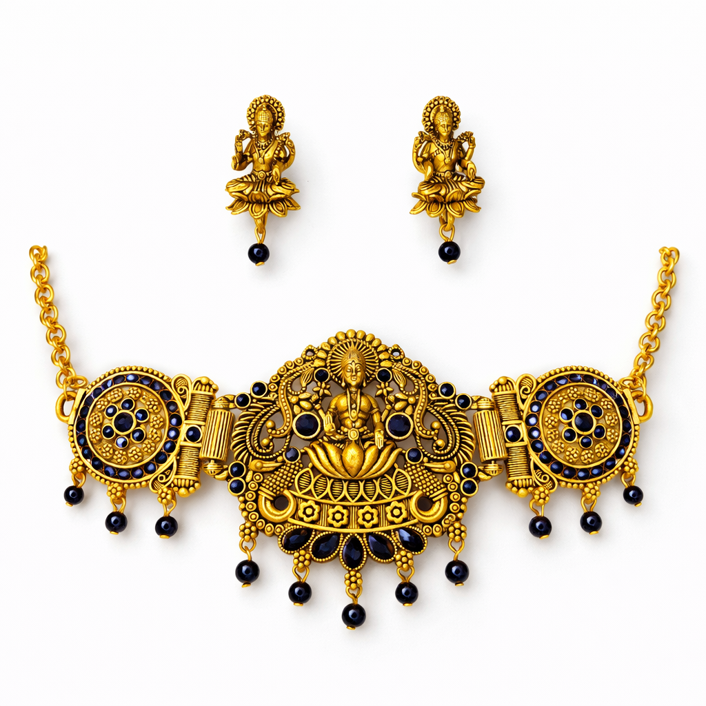 Black Stone & Diamond Gold Finish Lakshmi Temple Choker Necklace Set with Matching Earrings