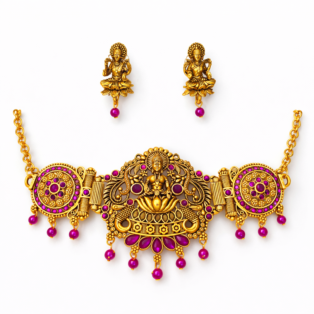 Pink Stone & Diamonds Gold Finish Lakshmi Temple Choker Necklace Set with Matching Earrings