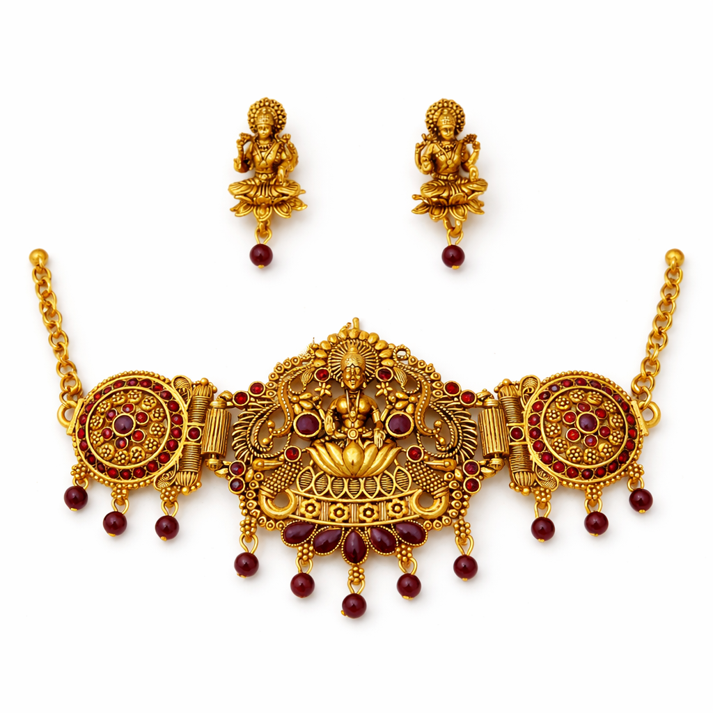 Maroon Stone &Diamonds Gold Finish Lakshmi Temple Choker Necklace Set with Matching Earrings