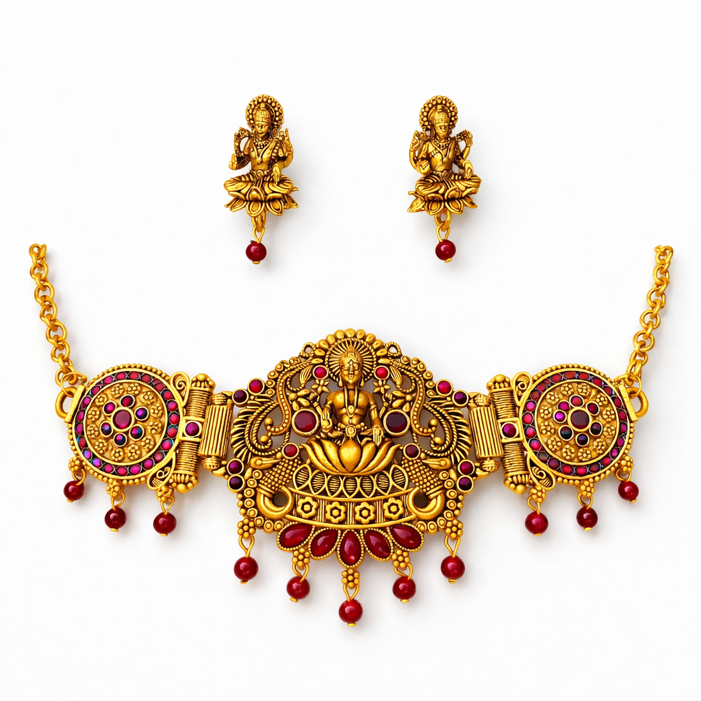 Red Stone & Diamonds Gold Finish Lakshmi Temple Choker Necklace Set with Matching Earrings