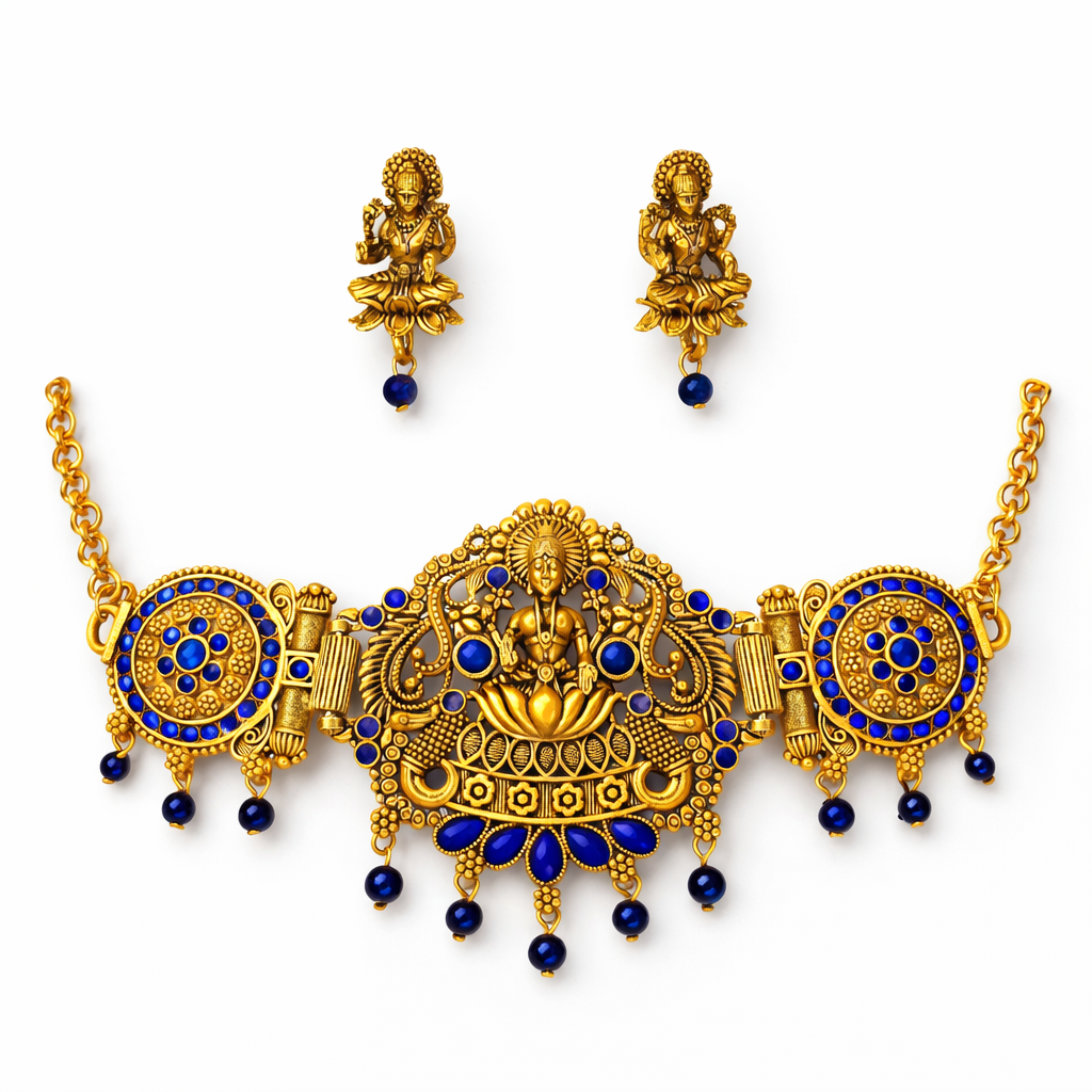 Blue Stone & Diamond Gold Finish Lakshmi Temple Choker Necklace Set with Matching Earrings