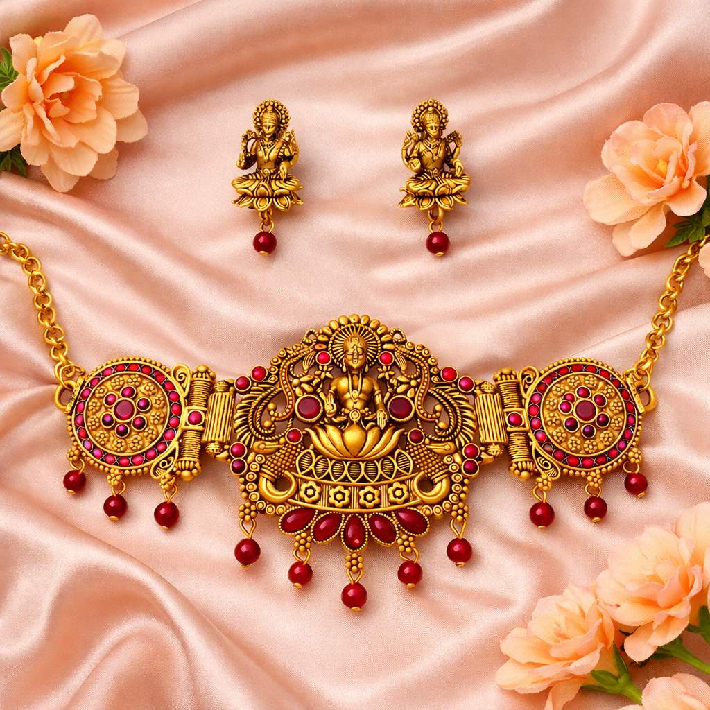 Red Stone & Diamonds Gold Finish Lakshmi Temple Choker Necklace Set with Matching Earrings