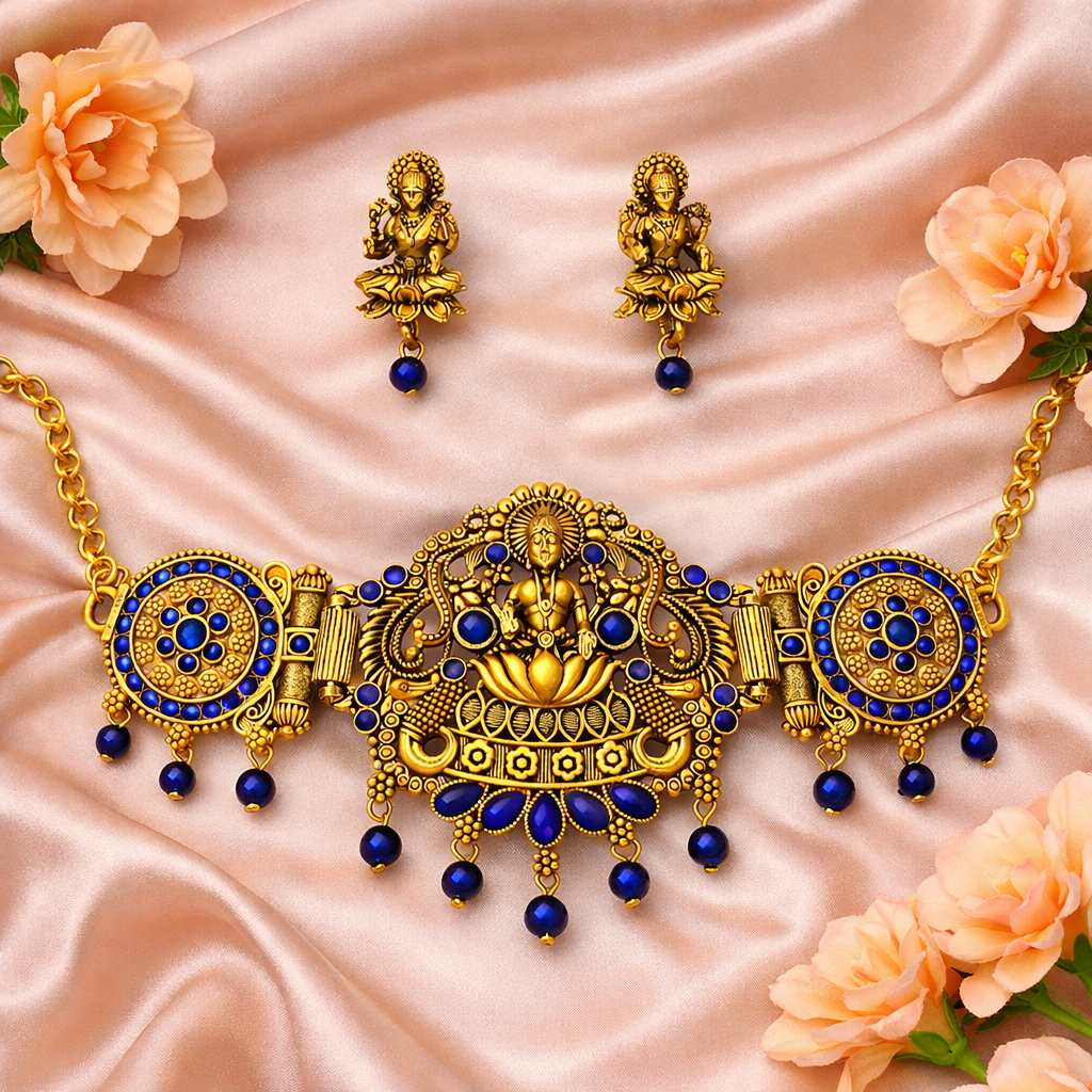 Blue Stone & Diamond Gold Finish Lakshmi Temple Choker Necklace Set with Matching Earrings