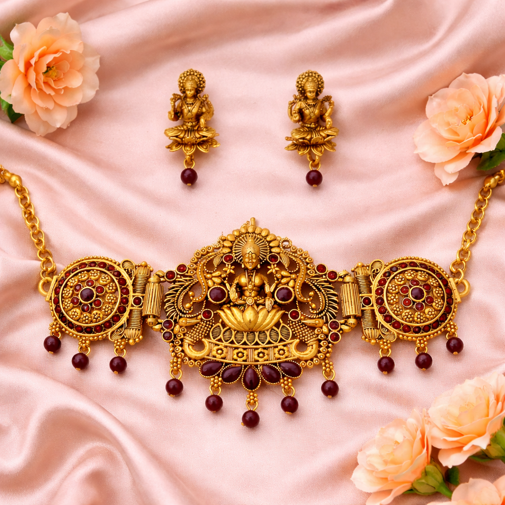 Maroon Stone &Diamonds Gold Finish Lakshmi Temple Choker Necklace Set with Matching Earrings