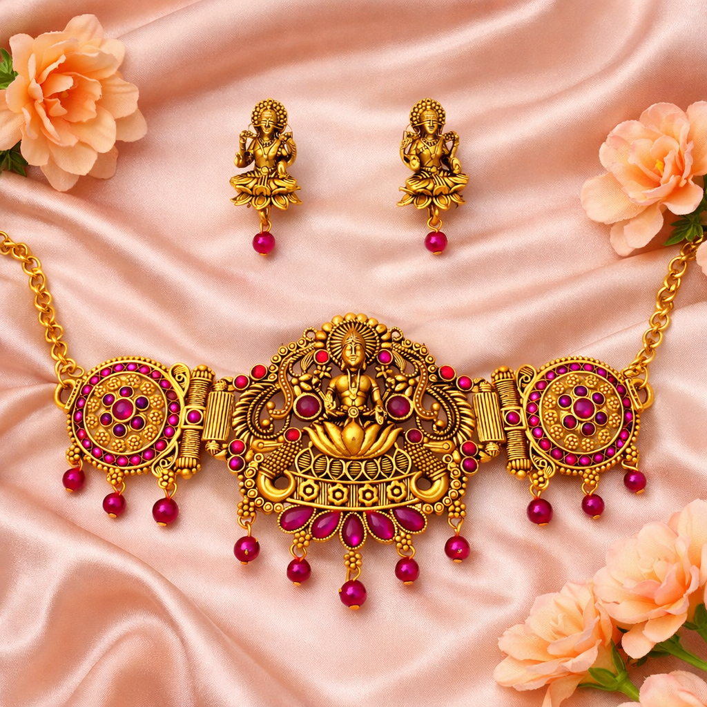 Pink Stone & Diamonds Gold Finish Lakshmi Temple Choker Necklace Set with Matching Earrings