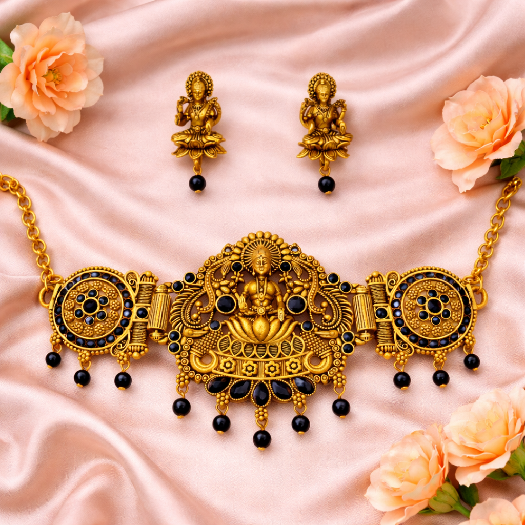 Black Stone & Diamond Gold Finish Lakshmi Temple Choker Necklace Set with Matching Earrings