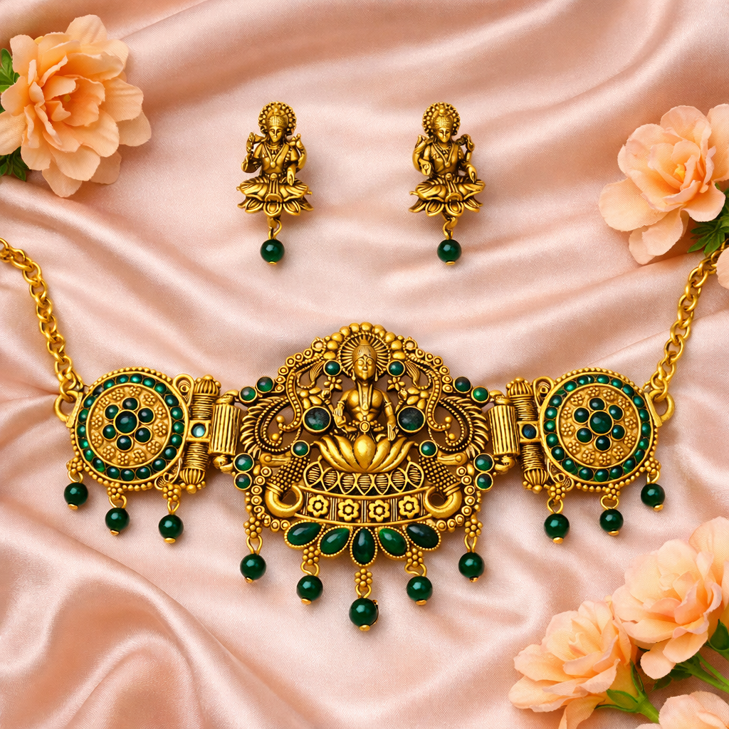 Green Stone & Diamonds Gold Finish Lakshmi Temple Choker Necklace Set with Matching Earrings