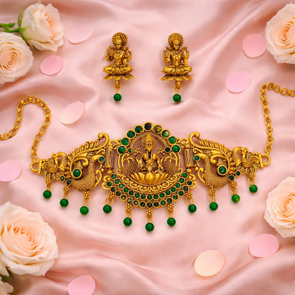 Traditional Gold Finish Lakshmi Temple Choker Necklace Set with Green Stone Work
