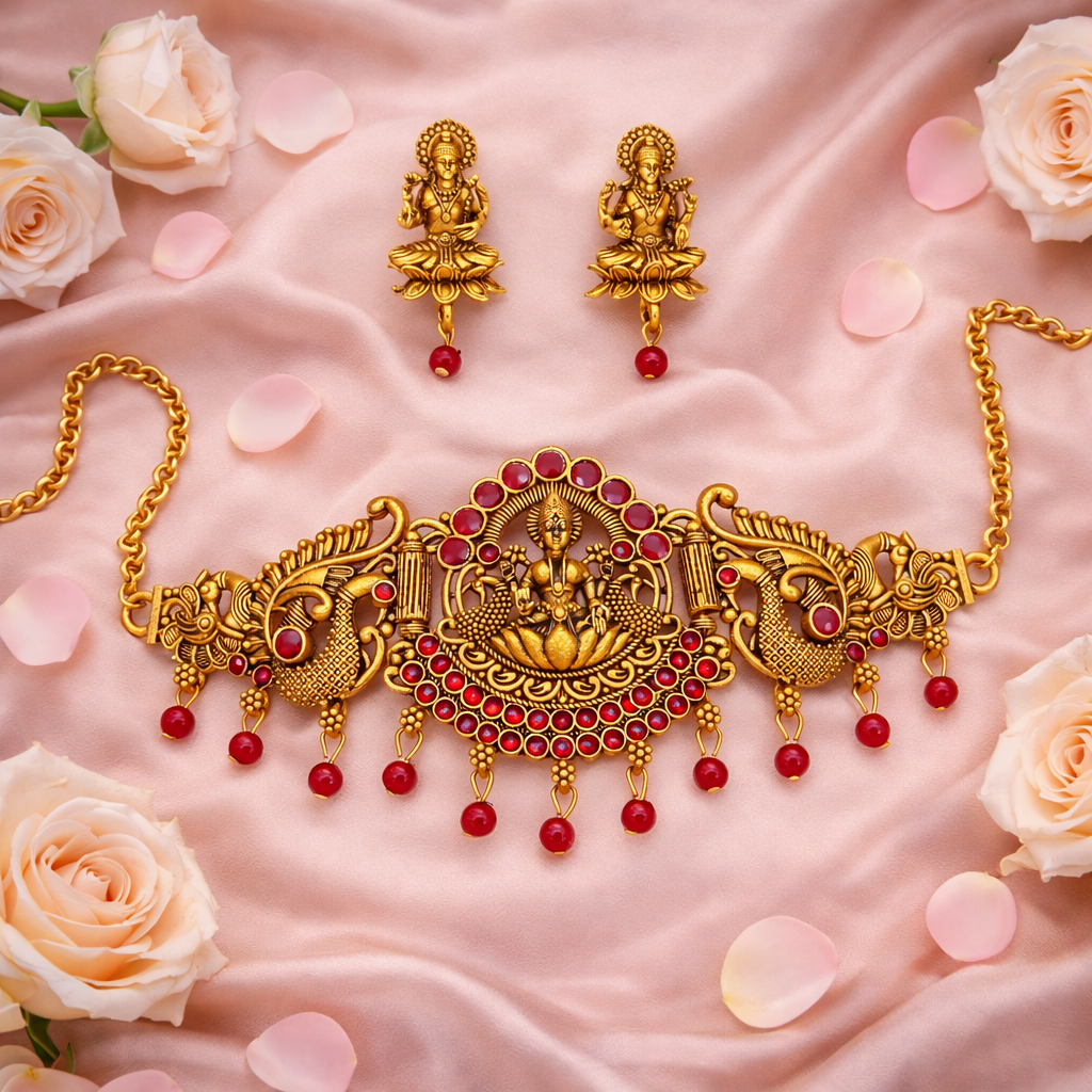 Traditional Gold Finish Lakshmi Temple Choker Necklace Set with Red Stone Work