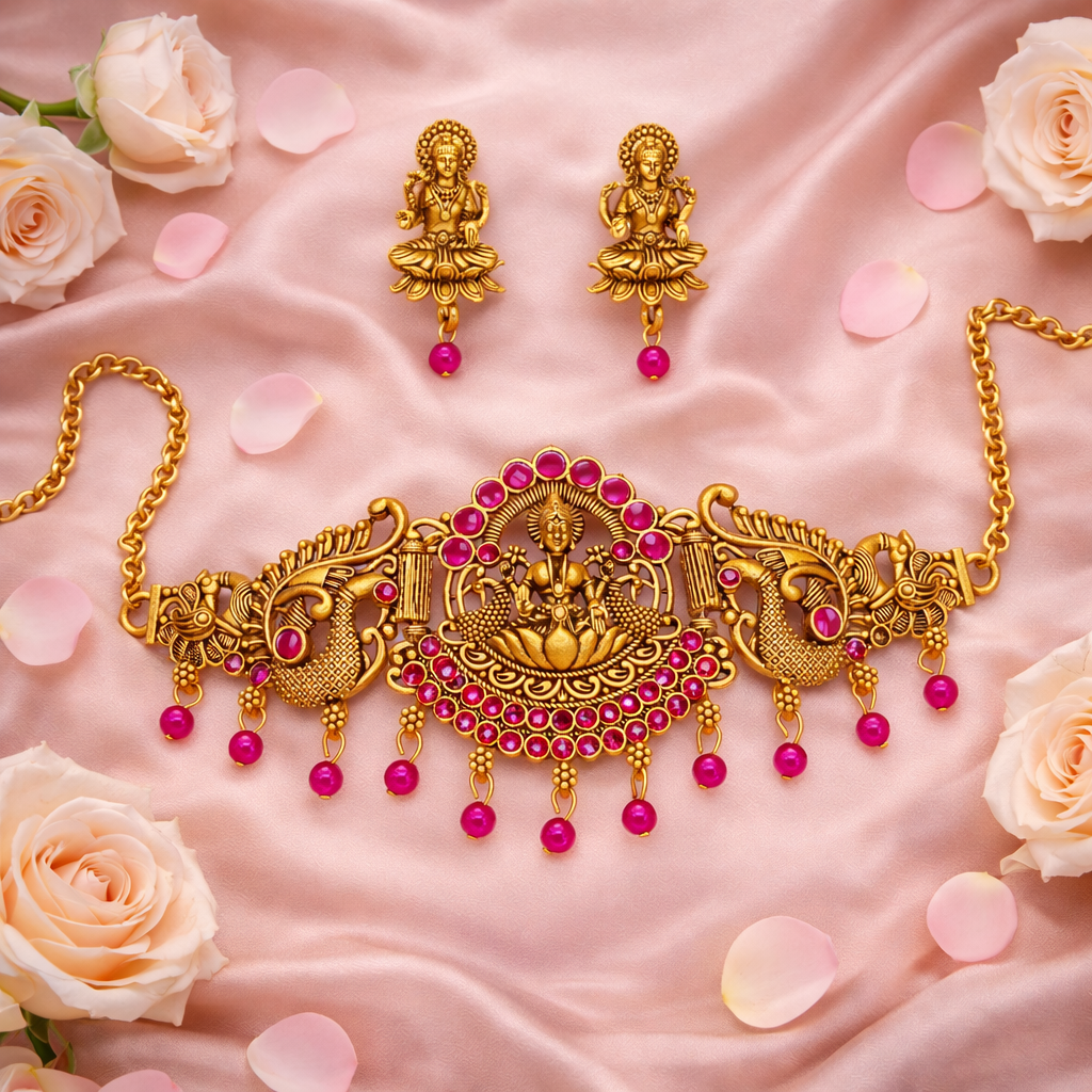 Traditional Gold Finish Lakshmi Temple Choker Necklace Set with Pink Stone Work