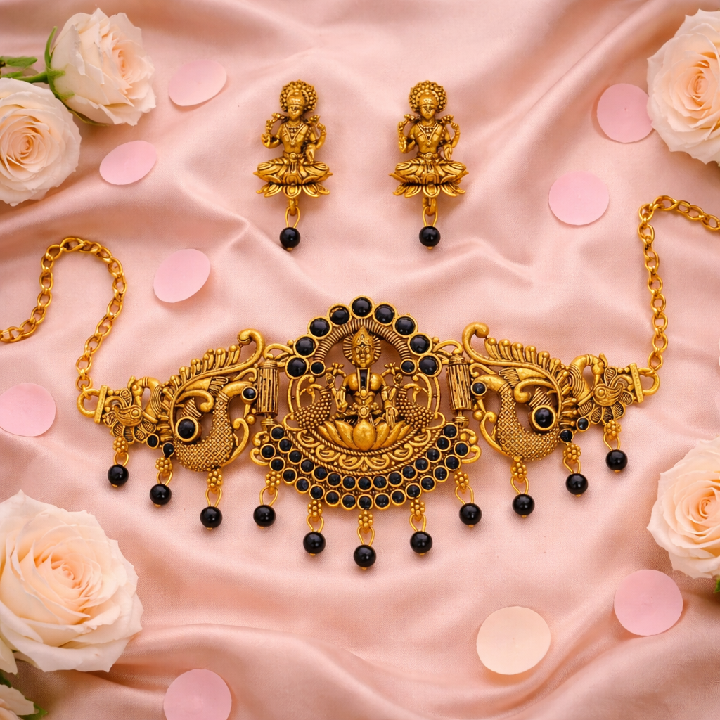 Traditional Gold Finish Lakshmi Temple Choker Necklace Set with Black Stone Work