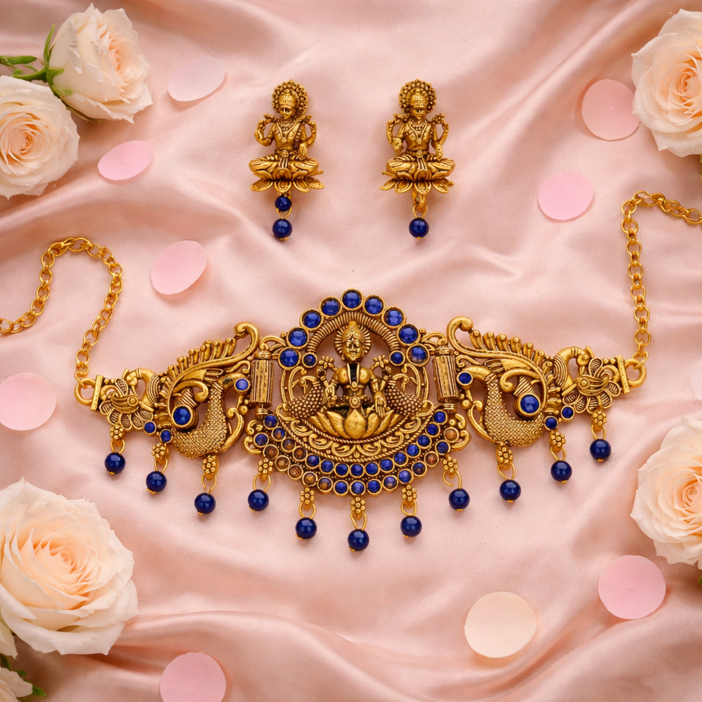 Traditional Gold Finish Lakshmi Temple Choker Necklace Set with Blue Stone Work