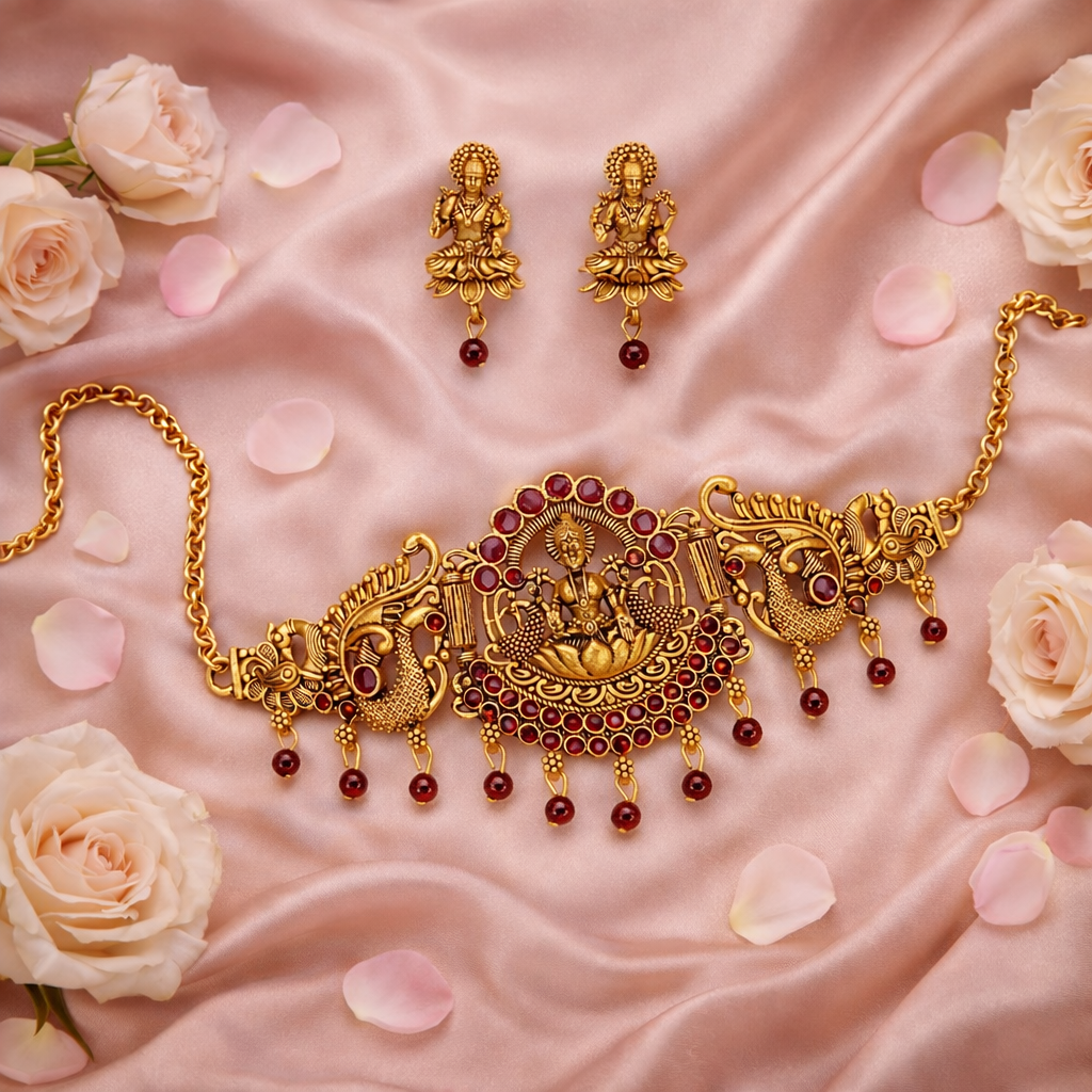 Traditional Gold Finish Lakshmi Temple Choker Necklace Set with Maroon Stone Work