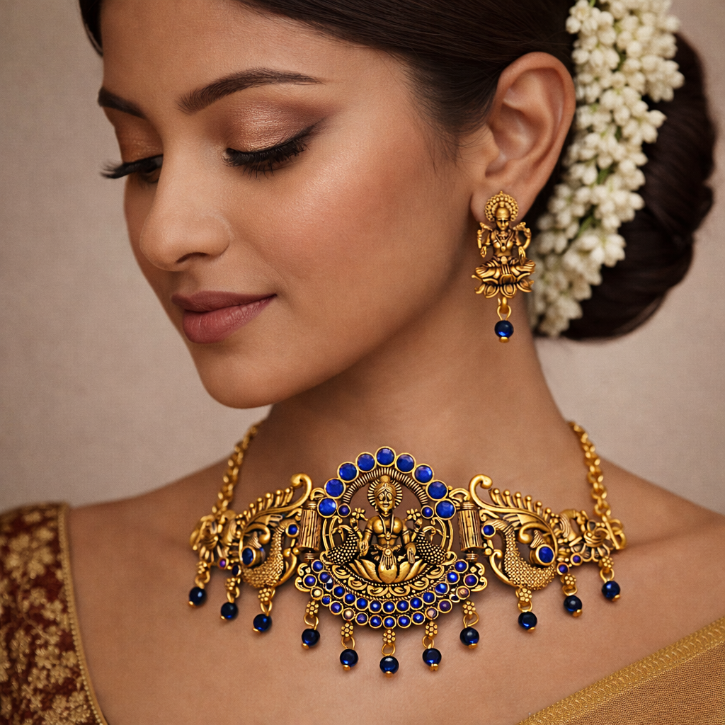 Traditional Gold Finish Lakshmi Temple Choker Necklace Set with Blue Stone Work