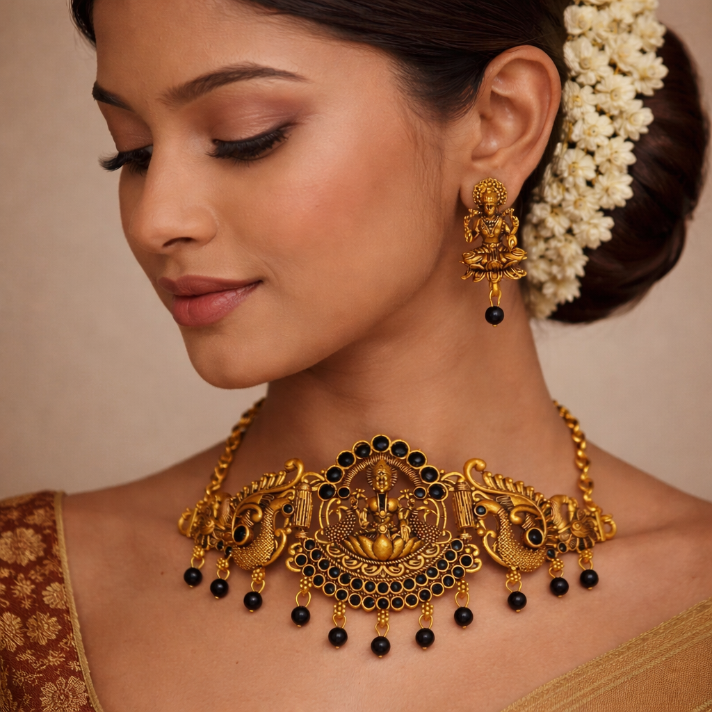 Traditional Gold Finish Lakshmi Temple Choker Necklace Set with Black Stone Work
