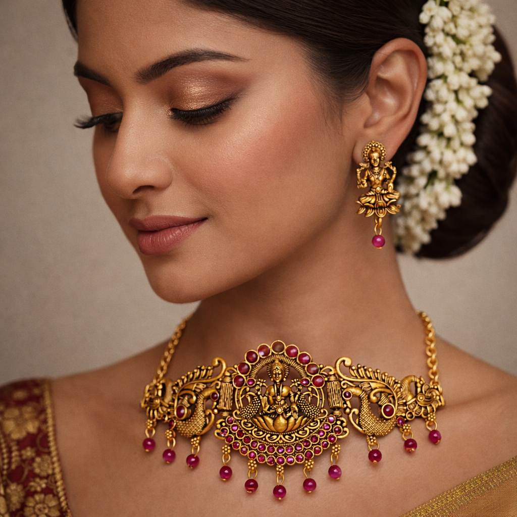 Traditional Gold Finish Lakshmi Temple Choker Necklace Set with Pink Stone Work