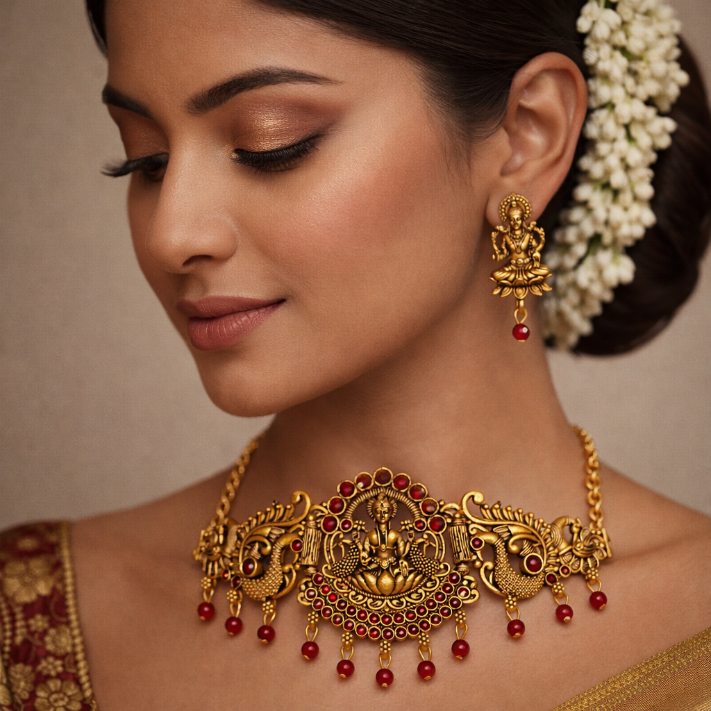 Traditional Gold Finish Lakshmi Temple Choker Necklace Set with Red Stone Work