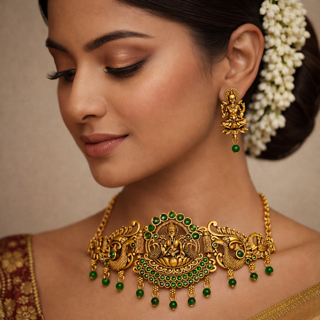 Traditional Gold Finish Lakshmi Temple Choker Necklace Set with Green Stone Work