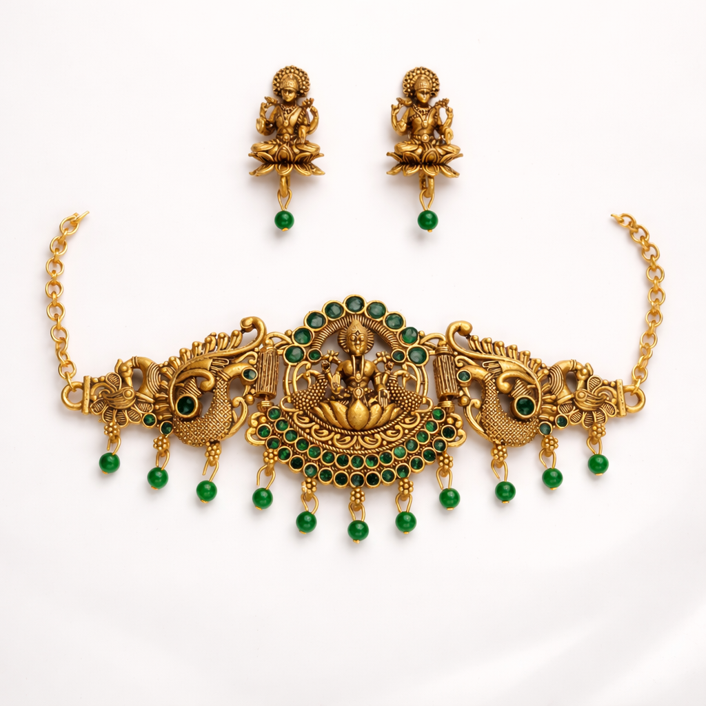 Traditional Gold Finish Lakshmi Temple Choker Necklace Set with Green Stone Work