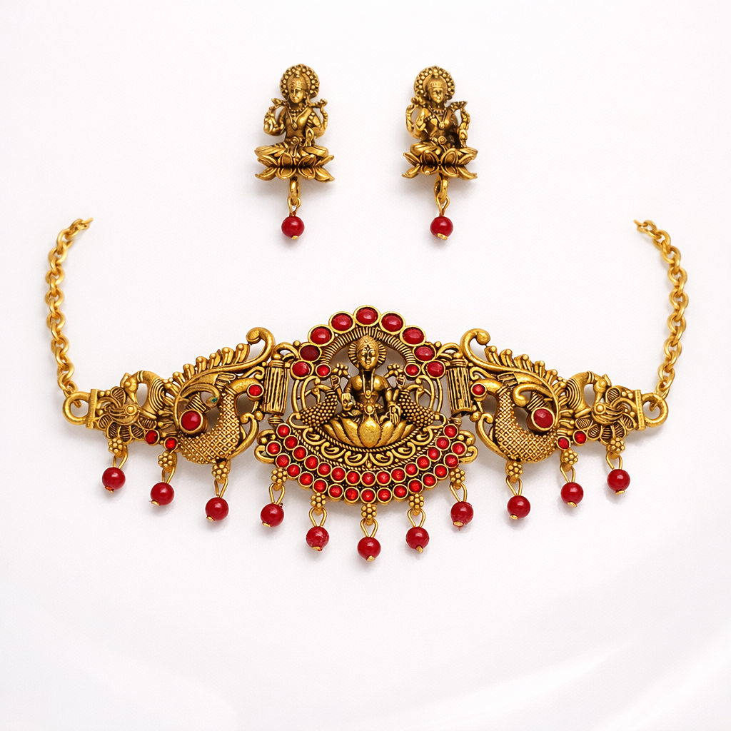 Traditional Gold Finish Lakshmi Temple Choker Necklace Set with Red Stone Work