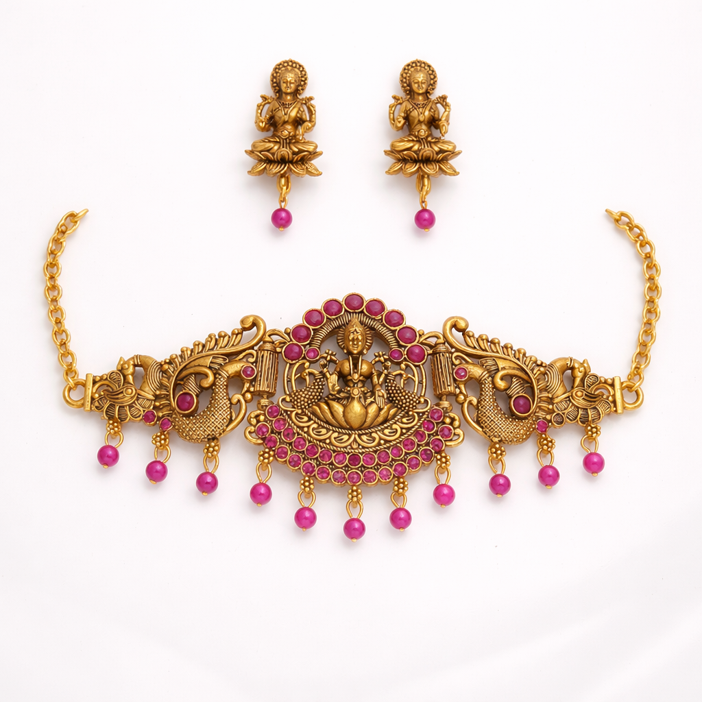 Traditional Gold Finish Lakshmi Temple Choker Necklace Set with Pink Stone Work