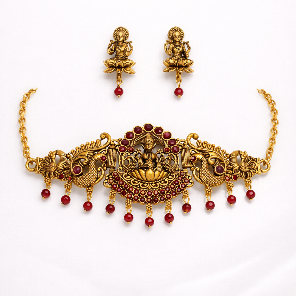 Traditional Gold Finish Lakshmi Temple Choker Necklace Set with Maroon Stone Work