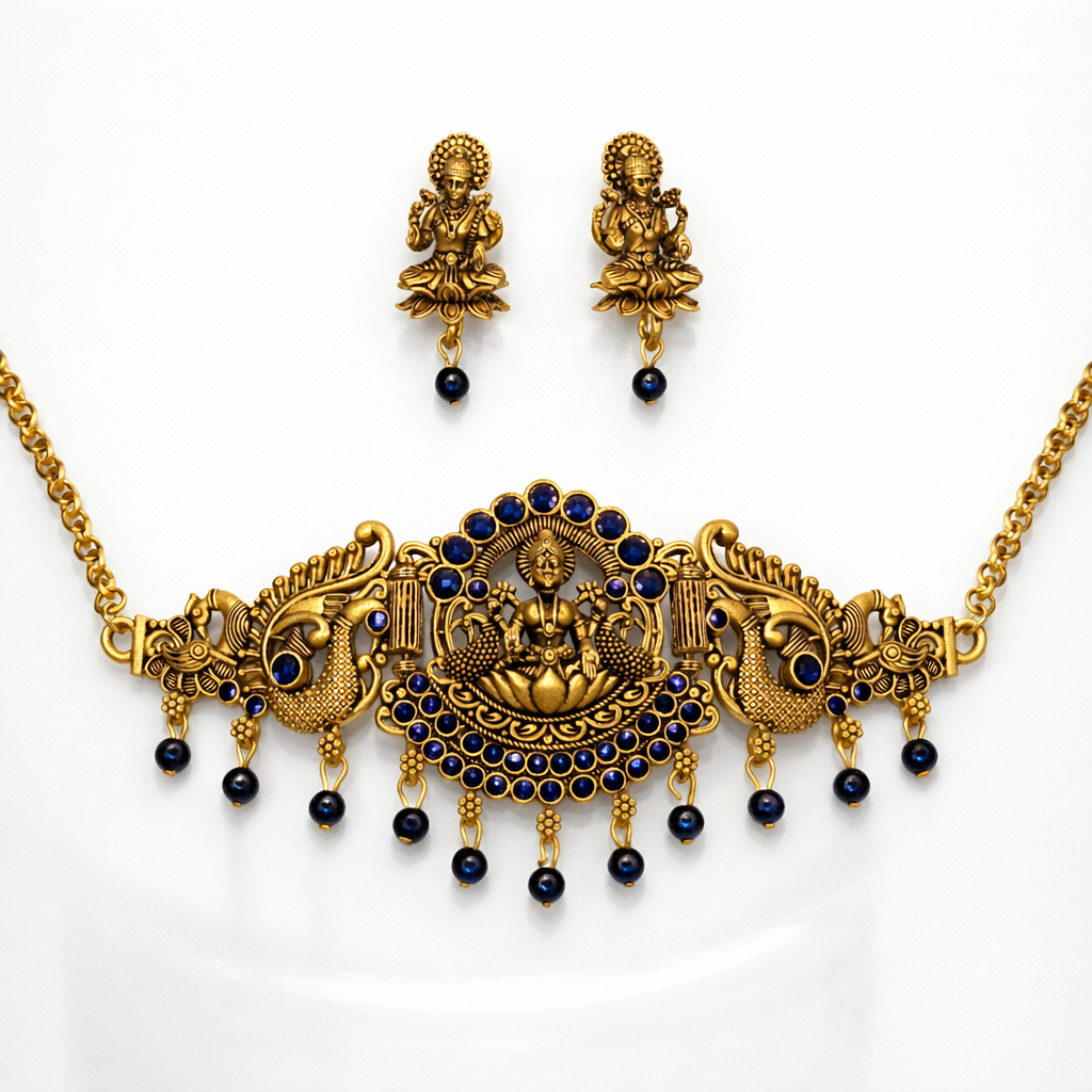 Traditional Gold Finish Lakshmi Temple Choker Necklace Set with Blue Stone Work