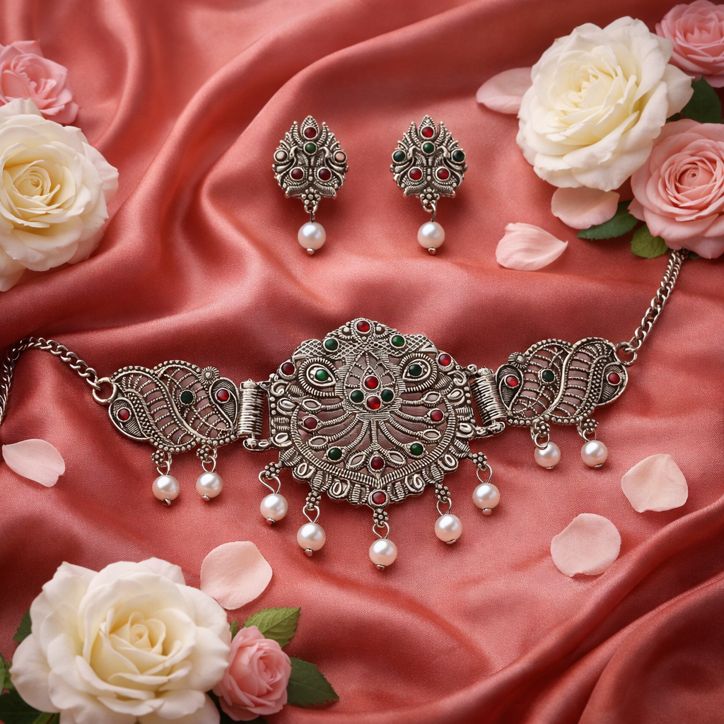 Oxidised Silver Filigree Choker Necklace Set with Red & Green Stones and Pearl Drops