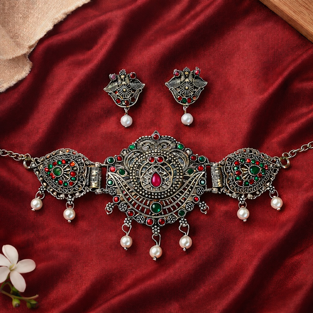 Oxidised Silver Motif Choker Necklace Set with Red & Green Stones and Pearl Drops