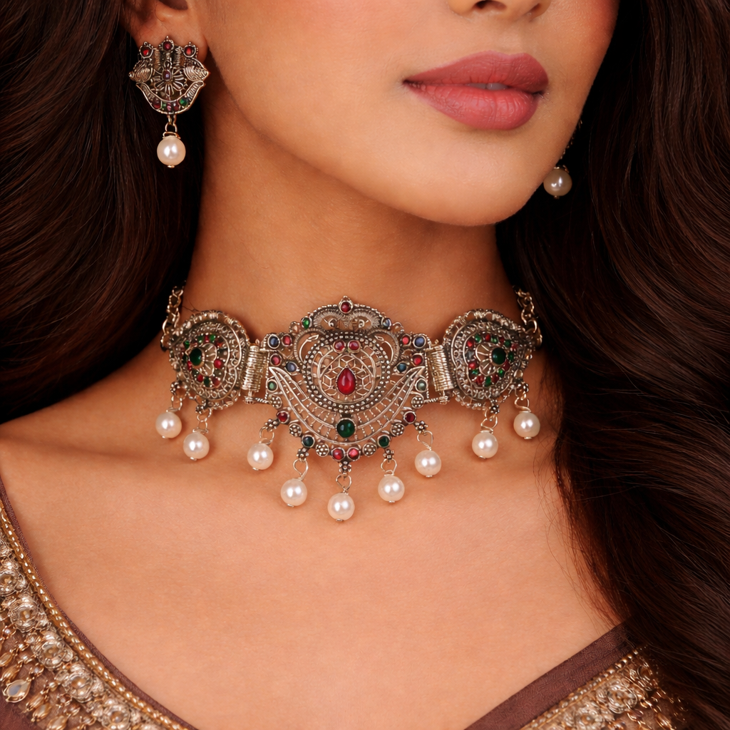 Oxidised Silver Motif Choker Necklace Set with Red & Green Stones and Pearl Drops