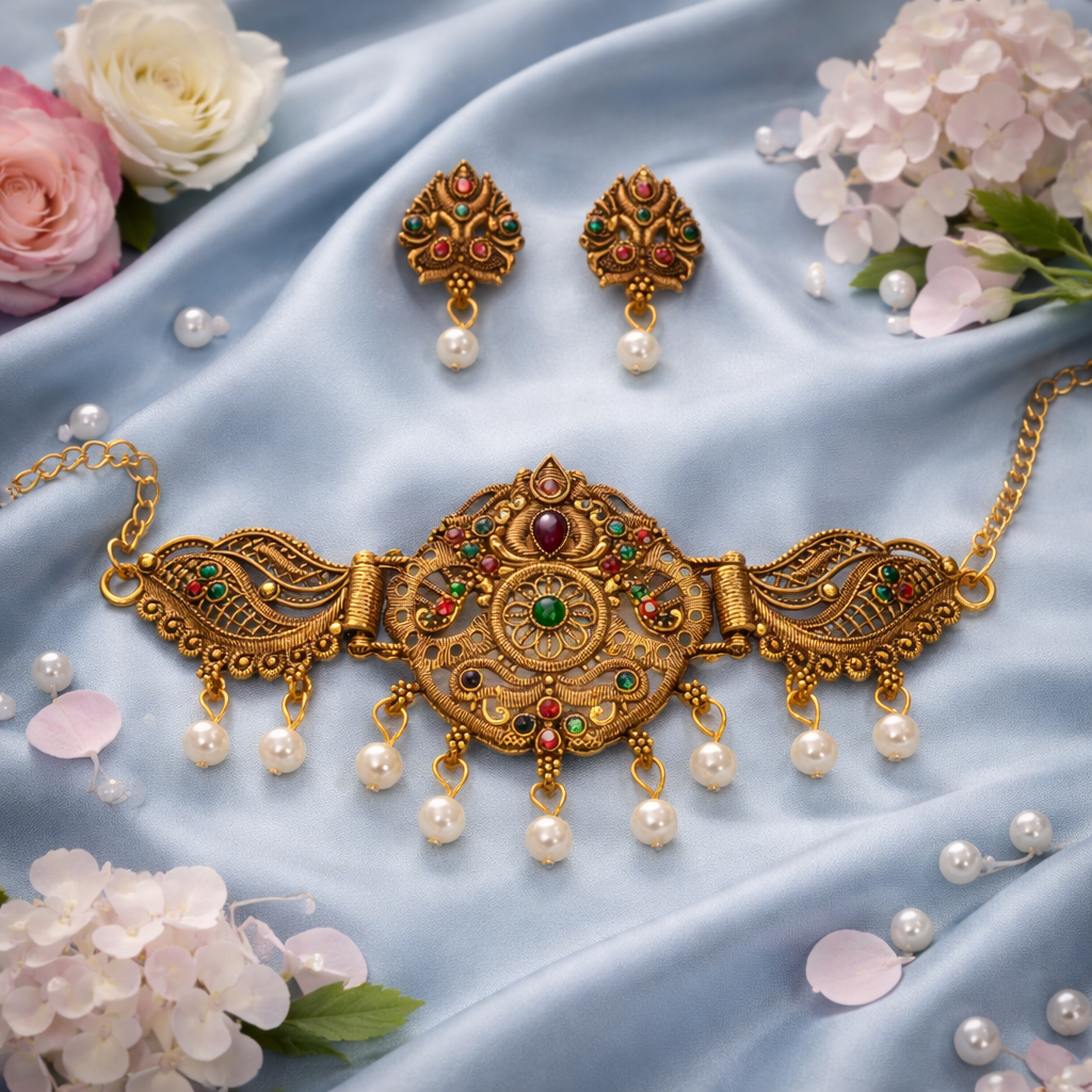 Antique Gold Peacock Choker Necklace Set with Red & Green Stones and Pearl Drops