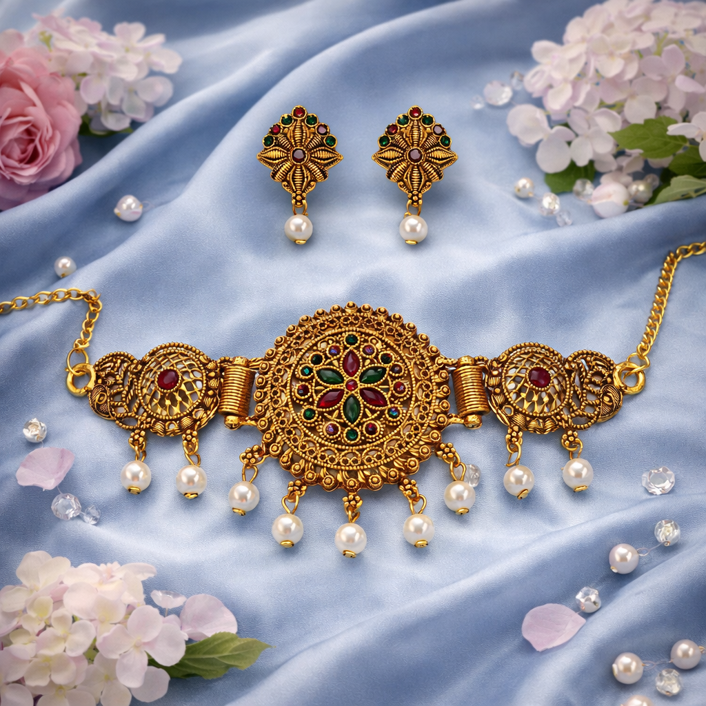 Antique Gold Floral Choker Necklace Set with Red & Green Stones and Pearl Drops