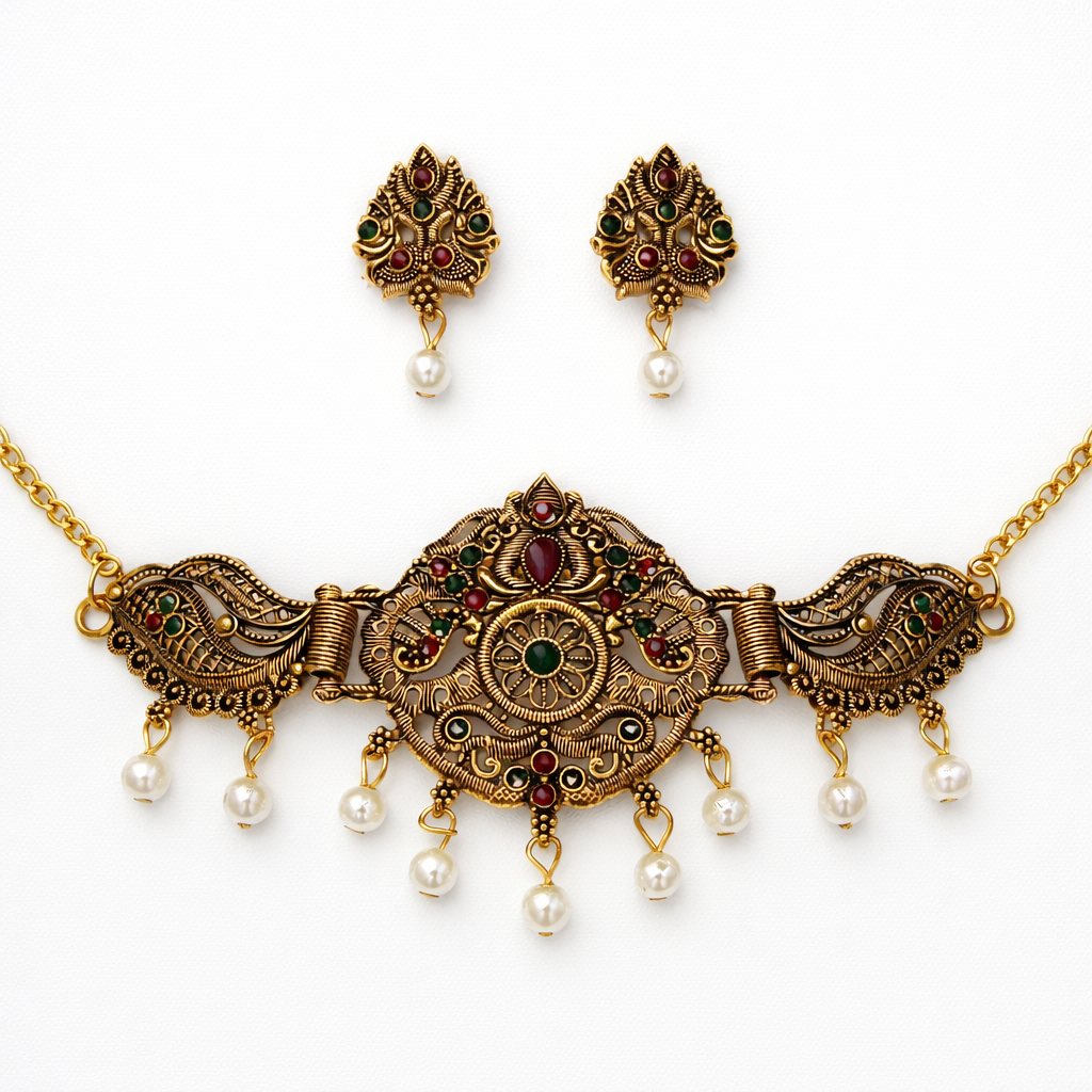 Antique Gold Peacock Choker Necklace Set with Red & Green Stones and Pearl Drops