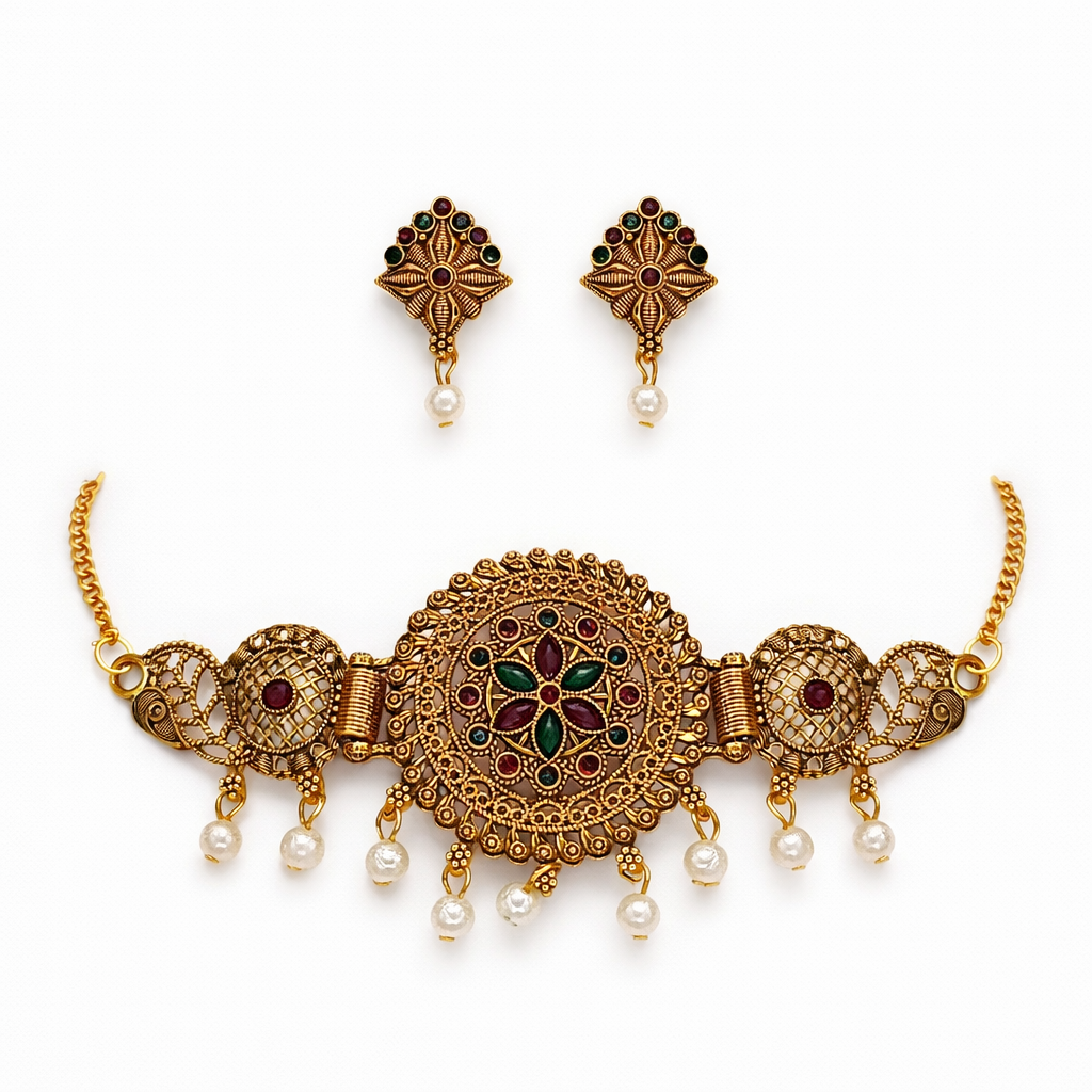 Antique Gold Floral Choker Necklace Set with Red & Green Stones and Pearl Drops