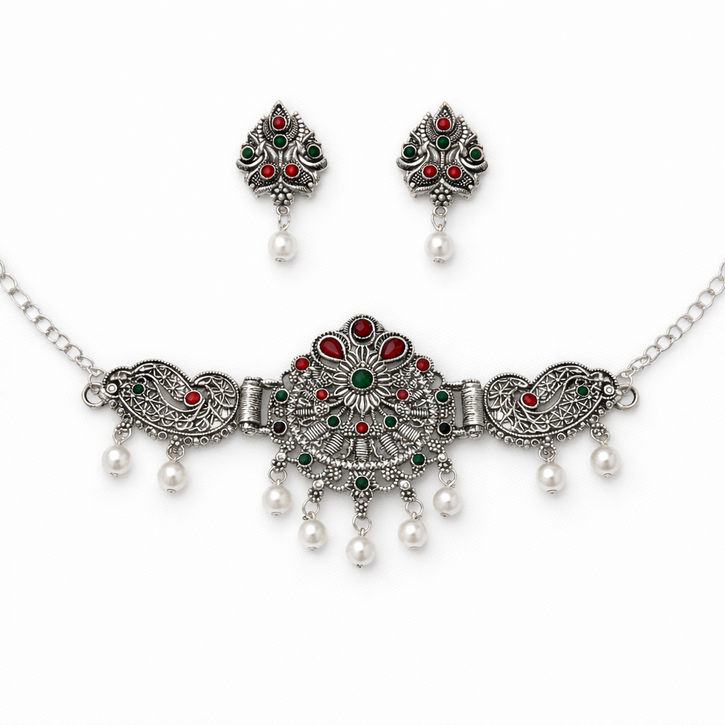 Antique Oxidised Silver Choker Necklace Set with Red Green Stones & Pearl Drops