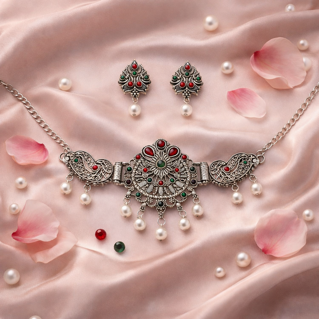 Antique Oxidised Silver Choker Necklace Set with Red Green Stones & Pearl Drops