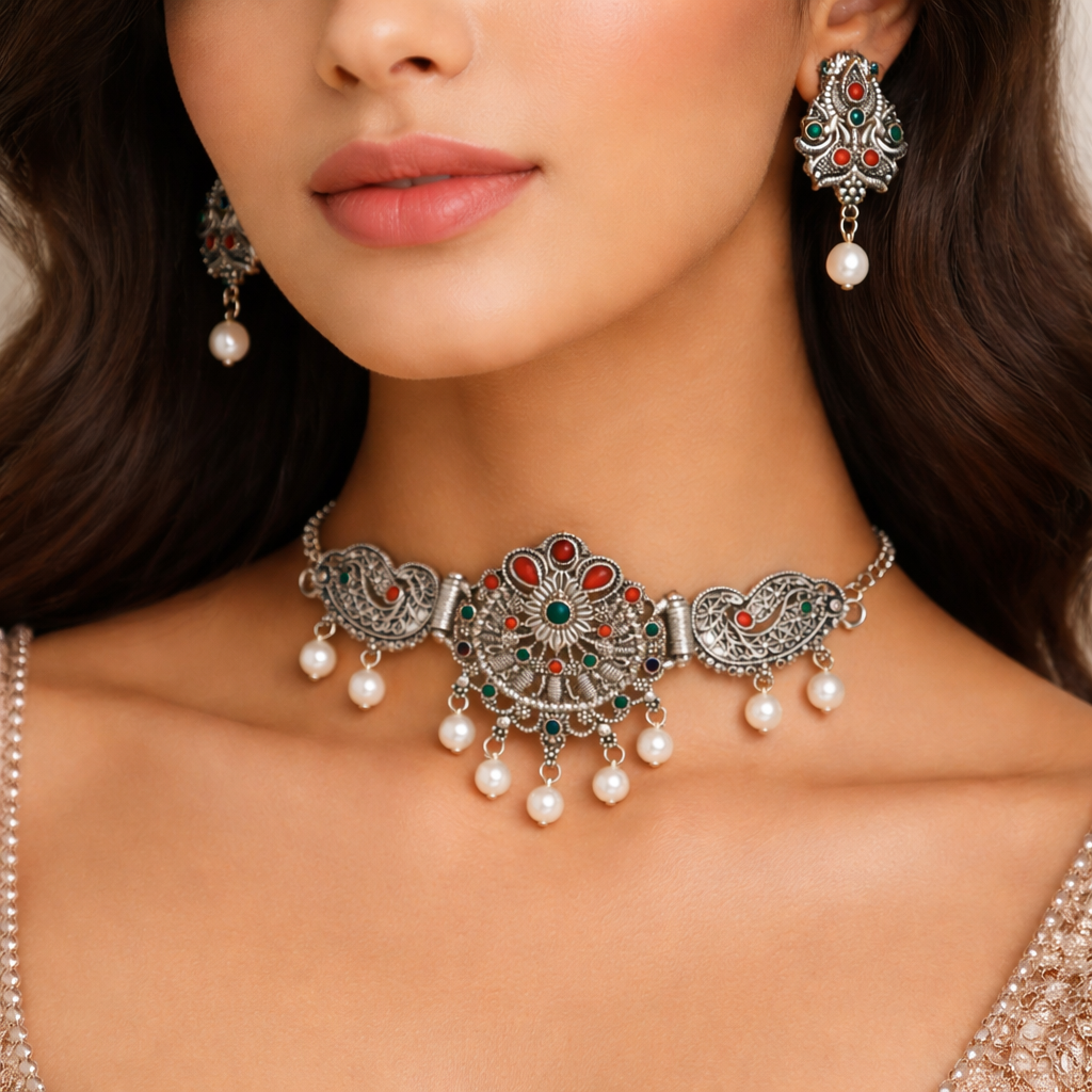 Antique Oxidised Silver Choker Necklace Set with Red Green Stones & Pearl Drops