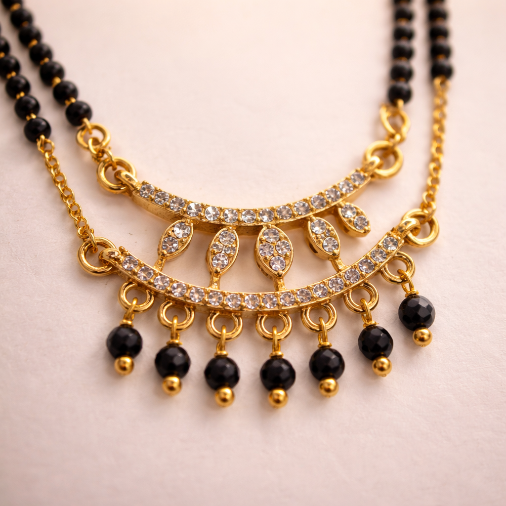 Modern Short Mangalsutra Necklace with Dual Black Beads & Curved Crystal Pendant – Elegant Daily Wear Gold Finish Design