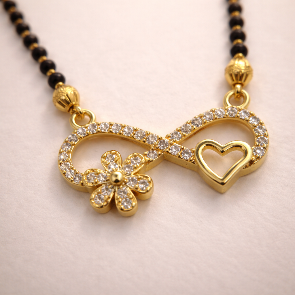 Infinity Heart Short Mangalsutra with Crystal Studded Pendant – Modern Black Bead Gold Finish Daily Wear Necklace