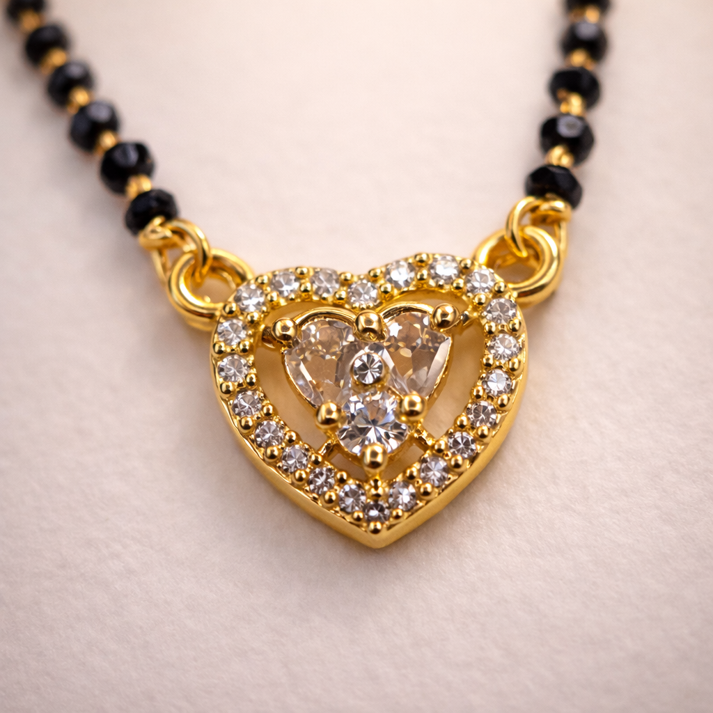 Crystal Heart Short Mangalsutra with Gold Finish – Modern Black Bead Daily Wear Necklace