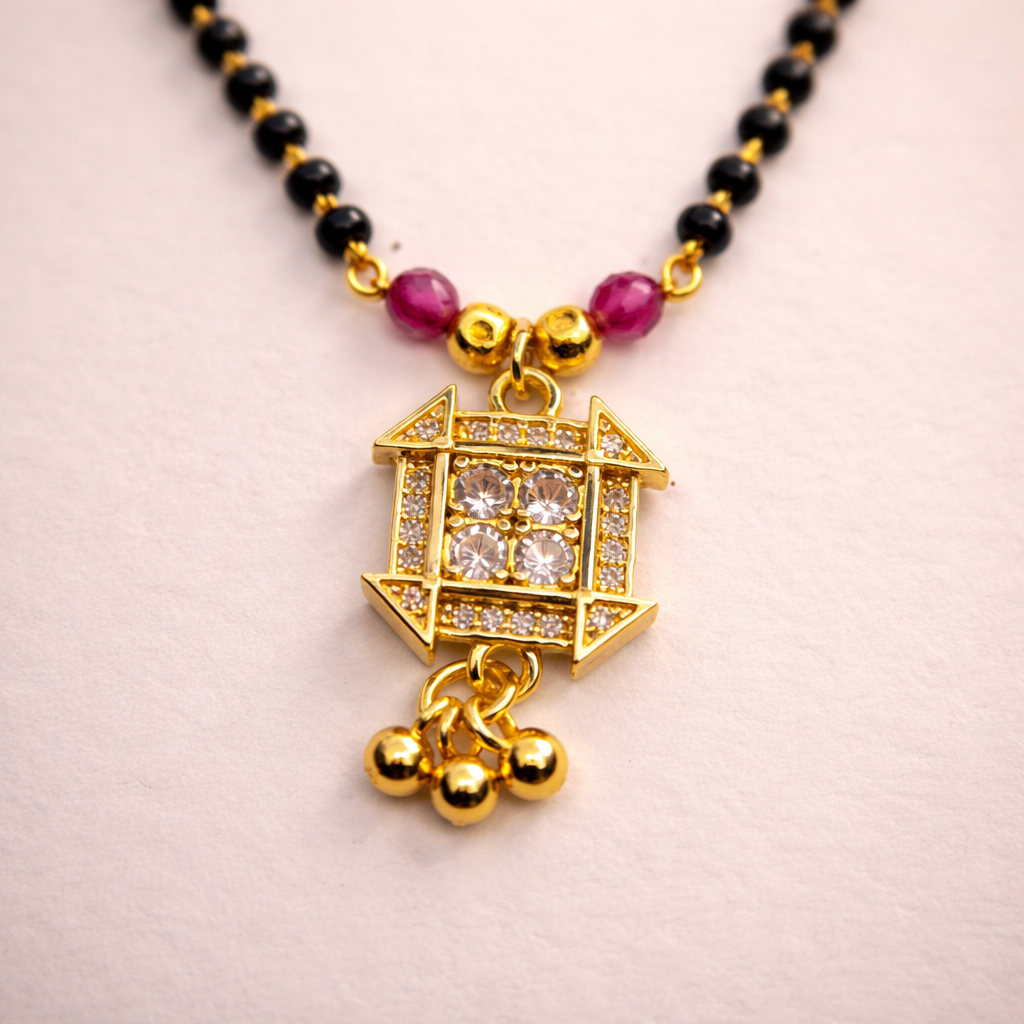 Square Frame Short Mangalsutra with Crystal Center – Modern Black Bead Gold Finish Daily Wear Necklace