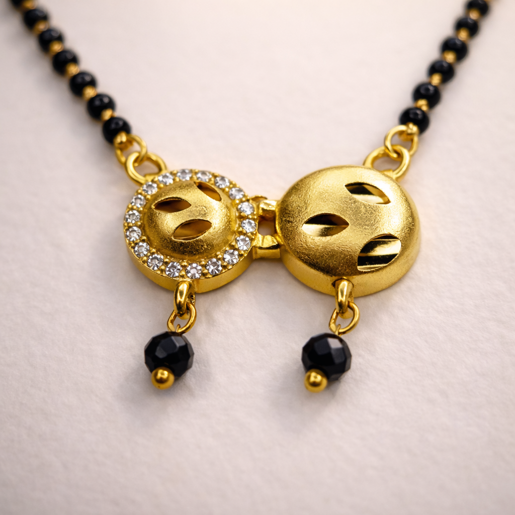 Twin Gold Bead Short Mangalsutra with Crystal Accent – Modern Black Bead Daily Wear Necklace